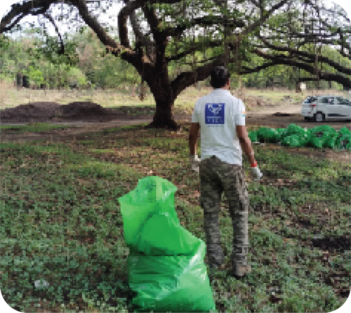 Volunteer picking up litter from the ground and placing it into a green waste bag